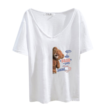 V-neck T-shirt Women's Cotton 2025 White Cartoon Short-sleeved regular Loose Printed Commuting Solid Color Base Shirt Trendy