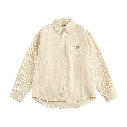 Casual Fashion Striped Shirt Unisex Embroidered Smiley Face Loose Long-Sleeve Jacket Top Shirt