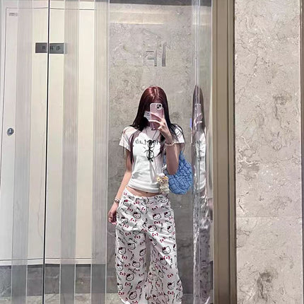 Cartoon Cute Kitty Cat Graffiti Print Jeans Women's Spring and Summer 2025 New High Waist Wide Leg Pants