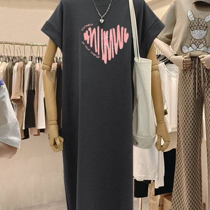 plus size Short-sleeved Cotton Mid-length Dress Women's 2025 Summer New All-match Loose Long Dress Flying Sleeve Split dress