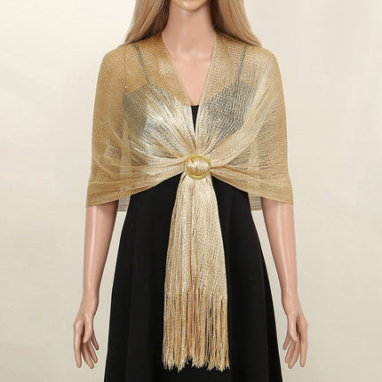 Cross-border new ladies solid color tassel long towel fashion simple gold and silver silk sunshade shawl commuter all-match scarf