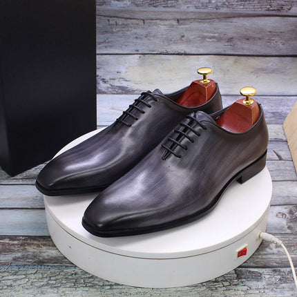 [One-Piece Oxford Shoes - Hand Brushed] Men's Leather Shoes Business Formal British Style Cowhide Men's Shoes Gray