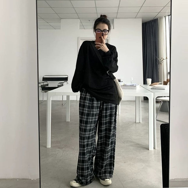 Women's plus size Pants chubby girl Spring and Summer Thin Plaid Pants Korean Style Loose High Waist Slimming Wide Leg Pants for Female Students