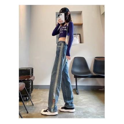 Straight-Leg Jeans Women's Small Loose Casual Dagging Wide-Leg Pants 2025 Spring High Waist Stitching Mop Pants