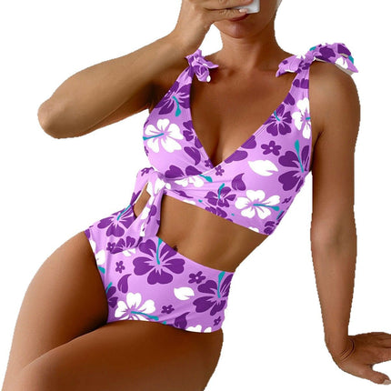 2025 New European and American Style Aliexpress Bikini Tie-Up Printed Backless High-Waisted Sexy Bikini Swimsuit for Women