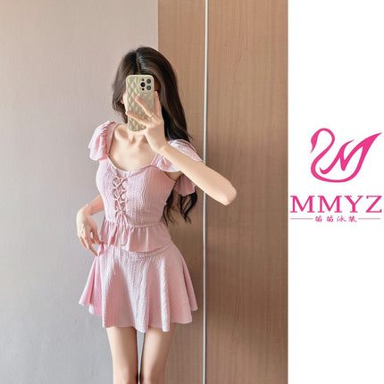 Fairy Swimsuit Women's Split Ruffled Pure Want Waist Cover Belly Conservative Slim Dress Two-piece Hot Spring Swimsuit
