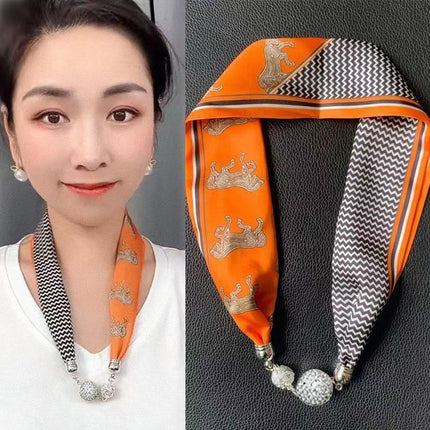 2026 New Magnetic Buckle Small Silk Scarf with Geometric Patterns and Rhinestones, Magnetic Necklace Scarf, Women's Hairband Scarf