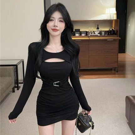 Hollow-Out Long-Sleeve Dress for Women, Early Autumn Sexy Bodycon Dress That Accentuates the Figure, Base Layer Dress