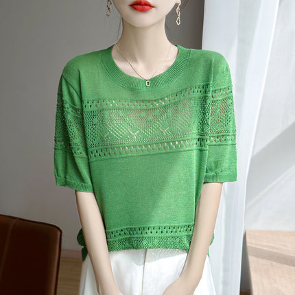 Korean Style Sweet Round Neck Summer Pullover T-Shirt Design Cut Out Jacquard Thin Knitwear Top for Women