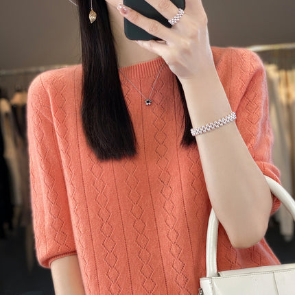 23 woolen sweater women's round neck short sleeve knitted bottoming shirt half sleeve hollow-out design top wholesale