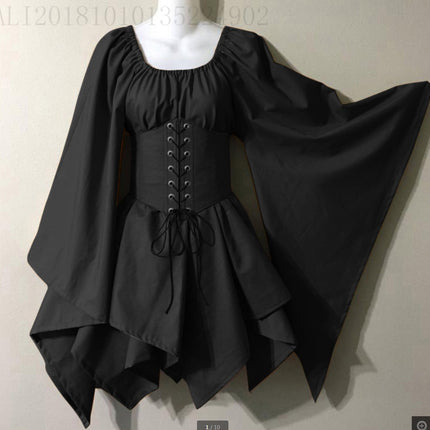 Cross-Border Wish New Party European and American Women's Long-Sleeved Renaissance Medieval Bell-Sleeved Dress