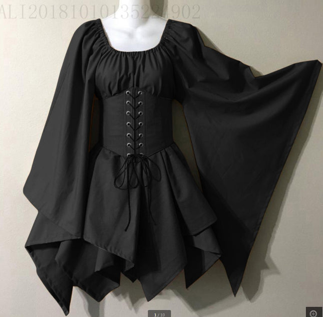 Cross-Border Wish New Party European and American Women's Long-Sleeved Renaissance Medieval Bell-Sleeved Dress