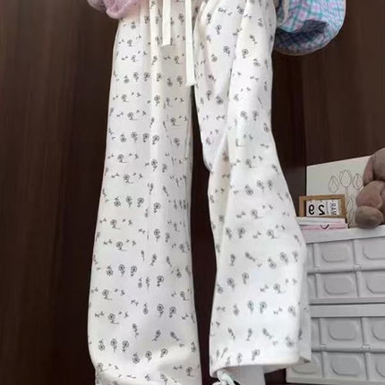Apricot Ice Silk Floral Sweatpants for Women, Summer Thin Casual Petite Straight Wide-Leg Pants, Loose American-Style Sweatpants