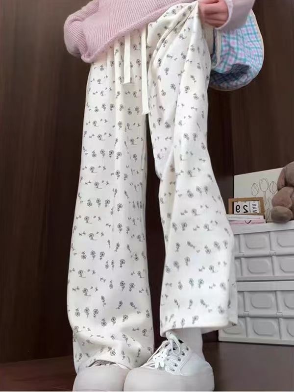 Apricot Ice Silk Floral Sweatpants for Women, Summer Thin Casual Petite Straight Wide-Leg Pants, Loose American-Style Sweatpants