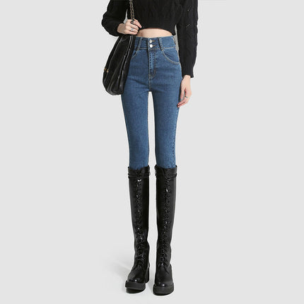 Vintage Blue fleece-lined Thickened Jeans Women's Autumn and Winter 2024 New High Waist Slimming Tight American Pencil Pencil Pants