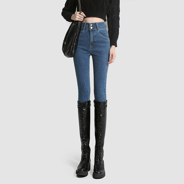 Vintage Blue fleece-lined Thickened Jeans Women's Autumn and Winter 2024 New High Waist Slimming Tight American Pencil Pencil Pants
