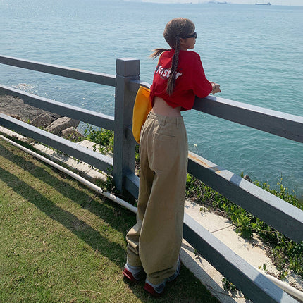 Khaki Loose Wide-Leg Sickle Jeans for Women 2025 Spring and Summer New High-Waisted Straight Draped Versatile Floor-Length Pants