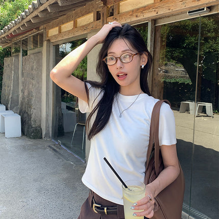 Guangzhou Huang Zheng Basic 7-Color Brushed Round-Neck Short-Sleeve T-Shirt for Women, Early Autumn Versatile Comfortable Regular Shoulder Top 530760