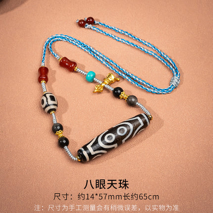 Natural Yellow Nine-Eyed Dzi Bead Necklace, Taiwanese Agate Pendant, Men's and Women's Couple's Braided Necklace, Ready for Sale