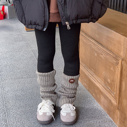 Girls New Winter Lamb Velvet Windproof Foot Dark Striped Socks Round Letter Embroidered M Stereo Leggings