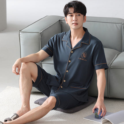 New Cotton Pajamas Men's Summer Short-sleeved Shorts Cardigan Lapel Home Clothes Summer Plus Size Loose Set