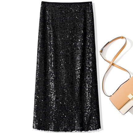 B2073 2025 spring women's new fashion sequined overskirt elastic waist figure mid-length skirt