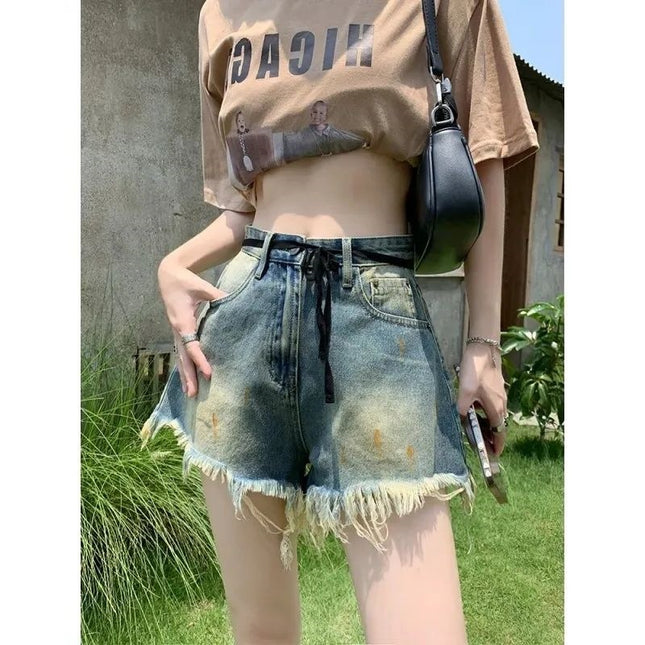 American Retro Raw Edge Denim Shorts 2025 Summer Hot Girl New Design High Waist Slimming Wide Hot Pants