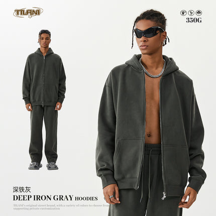 Tilani Men's Autumn and Winter Velvet Thickeneded Hooded Cardigan Sweatshirt Sweatpants American Fashion Brand Youth Hoodie Suit