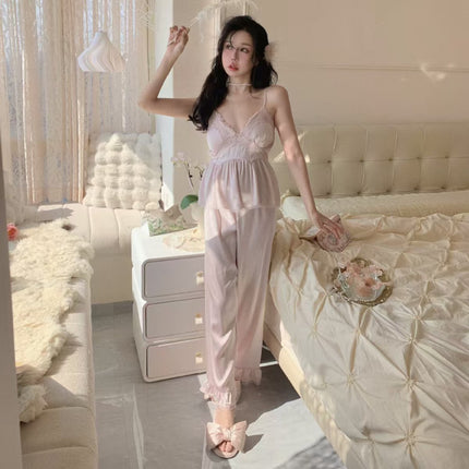 Spring and Autum New Women's Ice Silk Sexy Pure Desire Pajamas Short Outwear Suspenders Pants Three-Piece Set Home Outing Clothes