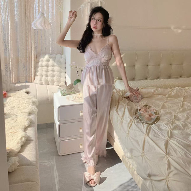 Spring and Autum New Women's Ice Silk Sexy Pure Desire Pajamas Short Outwear Suspenders Pants Three-Piece Set Home Outing Clothes