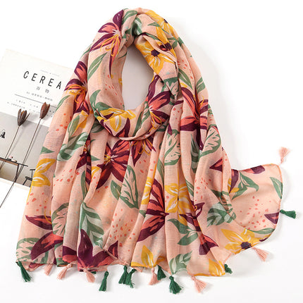 Fresh and Elegant Red Petal Mixed Printed Tassel Gauze Women's Cotton and Linen Scarf Travel Decorative Shawl