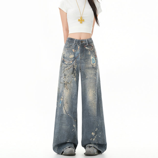 American High Street Wide-Leg Jeans for Women 2025 Summer New Design High-Waisted Loose Slimming Floor-Length Pants
