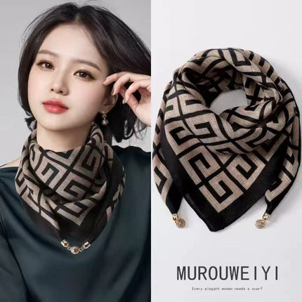2025 New Warm Square Scarf Magnetic Buckle Triangle Silk Scarf Cotton Scarf Women's Spring, Autumn and Winter Style Scarf with Elegant and Versatile Style