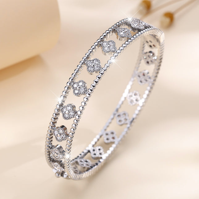 Classic Hollow Four-Leaf Clover Bracelet for Women with Open Clasp and Micro-Inlaid Zircon, a Popular Cross-Border Jewelry Item