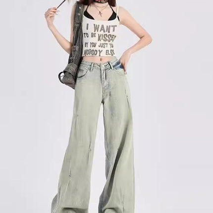 Cross-border American-style High Street Willow Nail Pleated Explosions Popular Design Element Straight Jeans Women's 2024 New Fashion