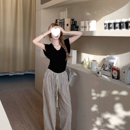 Casual Striped Drapey Women's Pants Versatile Wide-Leg Pants Autumn Trendy Design Floor-Length Pants