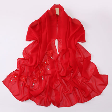 Cross-border Malaysia Scarf Ouruo Wind Nail Rhinestone Flower Chiffon Scarf Solid Color Turban Scarf Women Wholesale