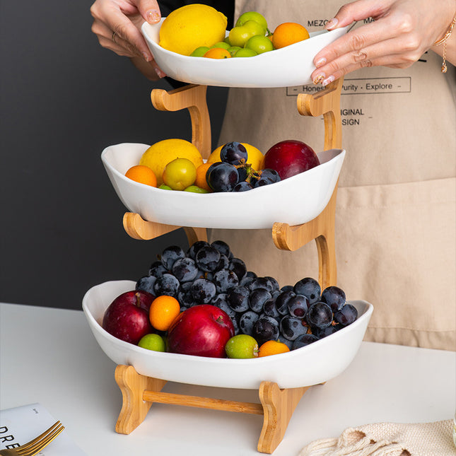 European-style three-layer ceramic dried fruit plate new creative bamboo rack multi-layer fruit plate household snack plate factory direct sales