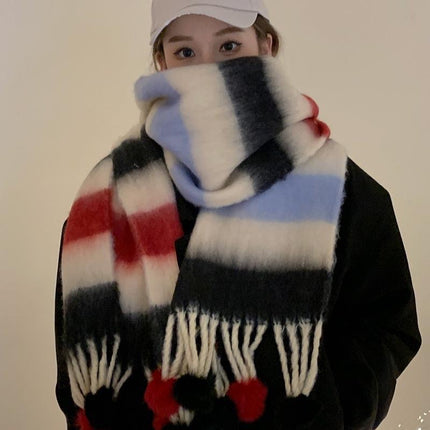 New Colorful Striped Scarf for Women, Winter High-End Thickened Warm Colorful Pom-Pom Versatile Neck Warmer Dopamine Trend