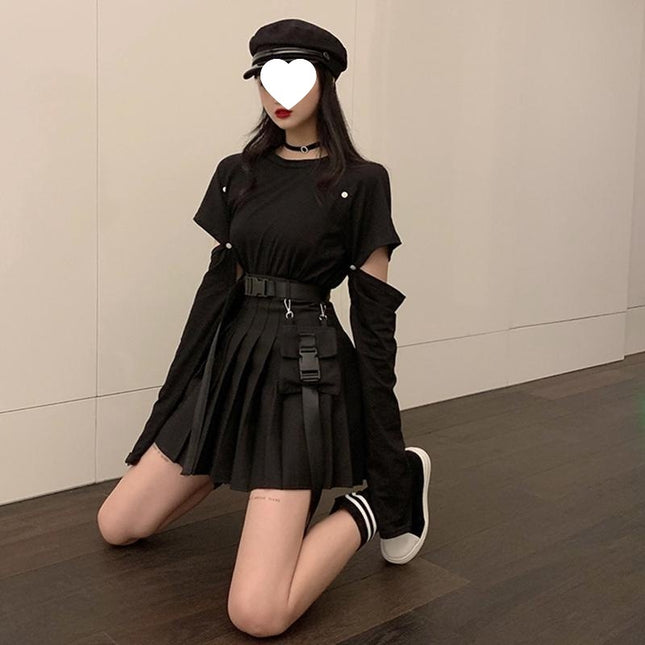 Korean Version 2020 New Dark Style Design Niche Internet Celebrity High-Waisted Pleated Slimming A-Line Short Skirt for Women