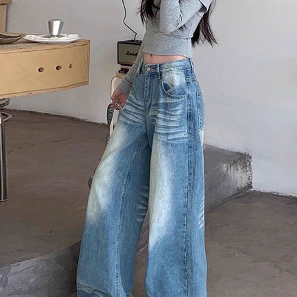 Summer 2025 Washed Vintage Distressed Blue Jeans for Women, High-Waisted Versatile Wide-Leg Pants, Floor-Length Pants
