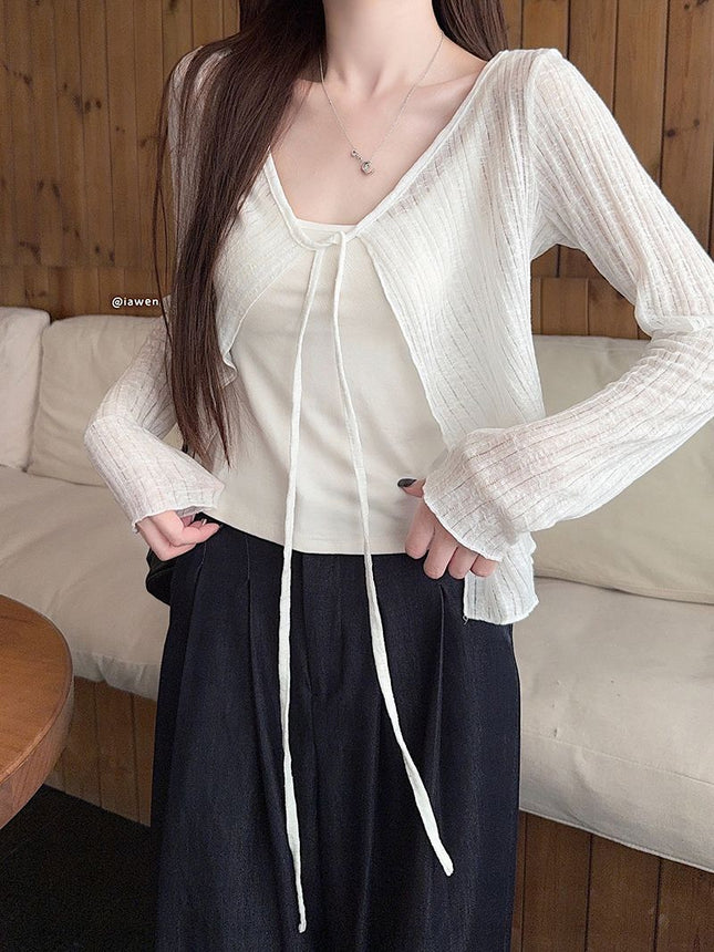 Real Shot of Sun Protection Clothing Long-Sleeved T-Shirt 2025 Summer Short Pure Color Cardigan Jacket Cut Out Lace-Up V Neck Top Women's Clothing