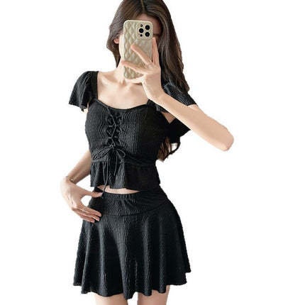Fairy Swimsuit Women's Split Ruffled Pure Want Waist Cover Belly Conservative Slim Dress Two-piece Hot Spring Swimsuit