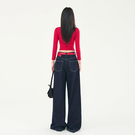 dark blue Wide Leg Jeans Women's Autumn and Winter 2024 New fleece-lined Straight Tube Loose High Waist Dipped Slim Mop