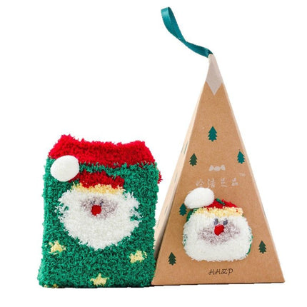 Coral Fleece Japanese-Style Christmas Socks with Embroidered 3D Cartoon Design, Boxed Floor Socks, Half Fleece Socks for Women