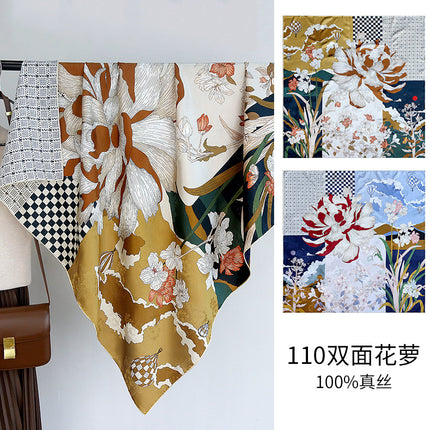 Chinese Style Double-sided Two-color Silk Flower Jacquard 110 Large Square Scarf Expensive Silk Scarf Shawl Gift Giving High-end Scarf