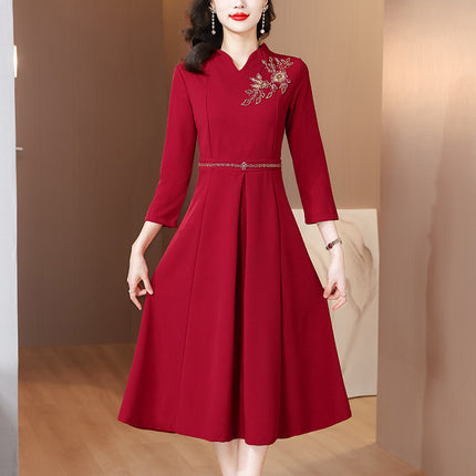 Xi mother-in-law wedding dress wine red dress dress 2023 autumn new mother dress fashion retro elegant dress