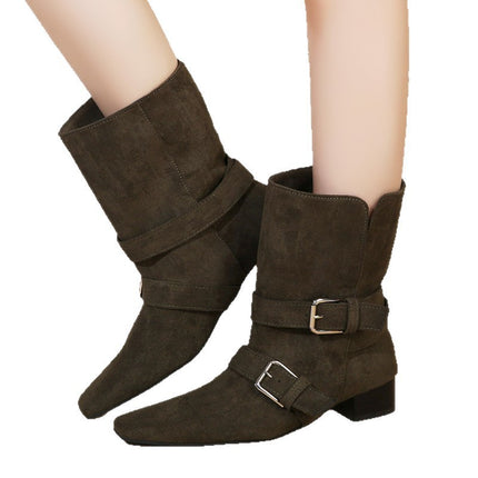 Square Toe Belt Buckle Thick Heel Two-Wear Boots for Women 2024 Autumn and Winter New Retro Style Cowhide Leather Comfortable Thick Heel Fashion Boots