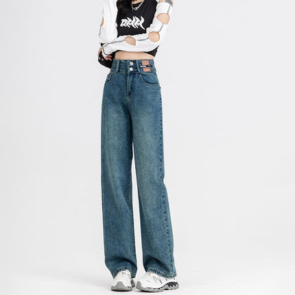 Women's Versatile Retro Blue Floor-Length Pants, Stylish High-Waisted Straight-Leg Jeans, Slimming 2025 Drapey Wide-Leg Pants, Trendy