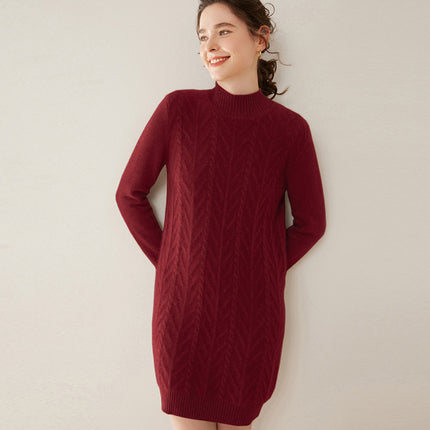 Fashionable New Style Half-High Collar Cable-Knit Cashmere Dress for Women, Plus Size, Autumn and Winter New Mid-Length Sweater Dress